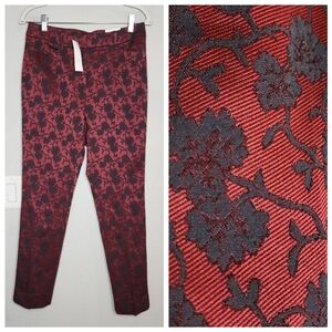 NWT WHBM Slim Ankle Red Black Floral Jacquard Pant Size 4